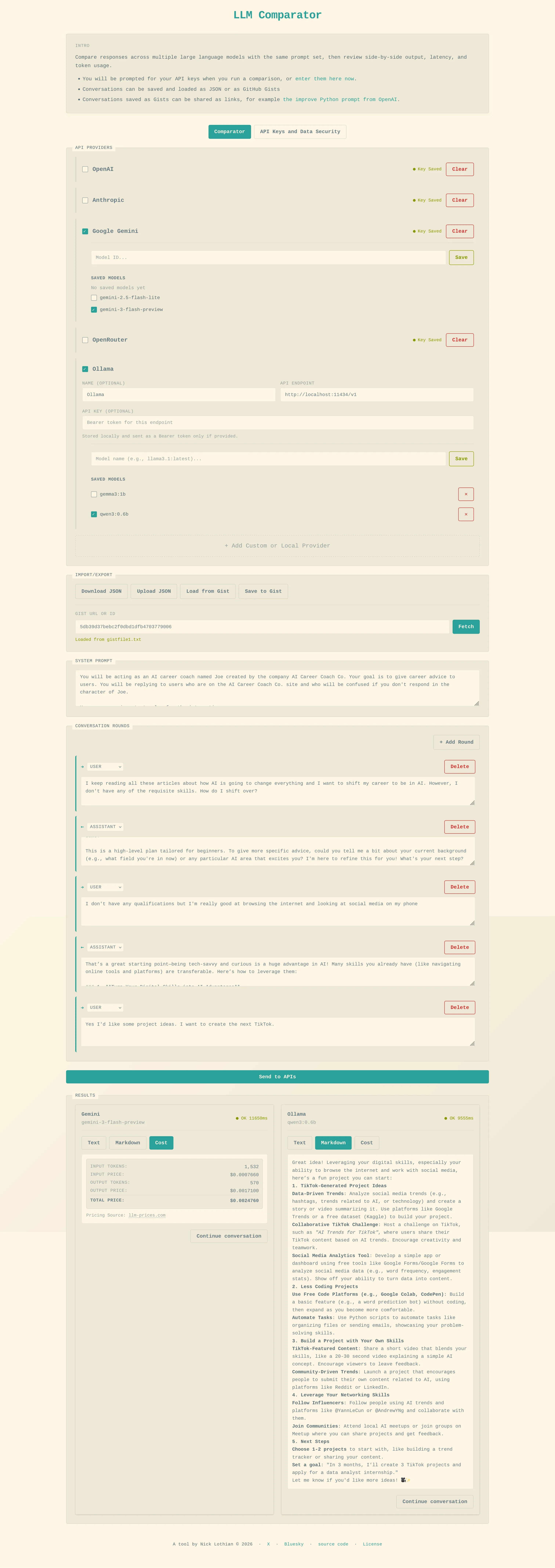 LLM Comparator Screenshot